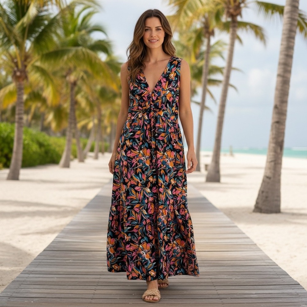 French Connection Twist Front Maxi Dress Multicolor Floral Print XL